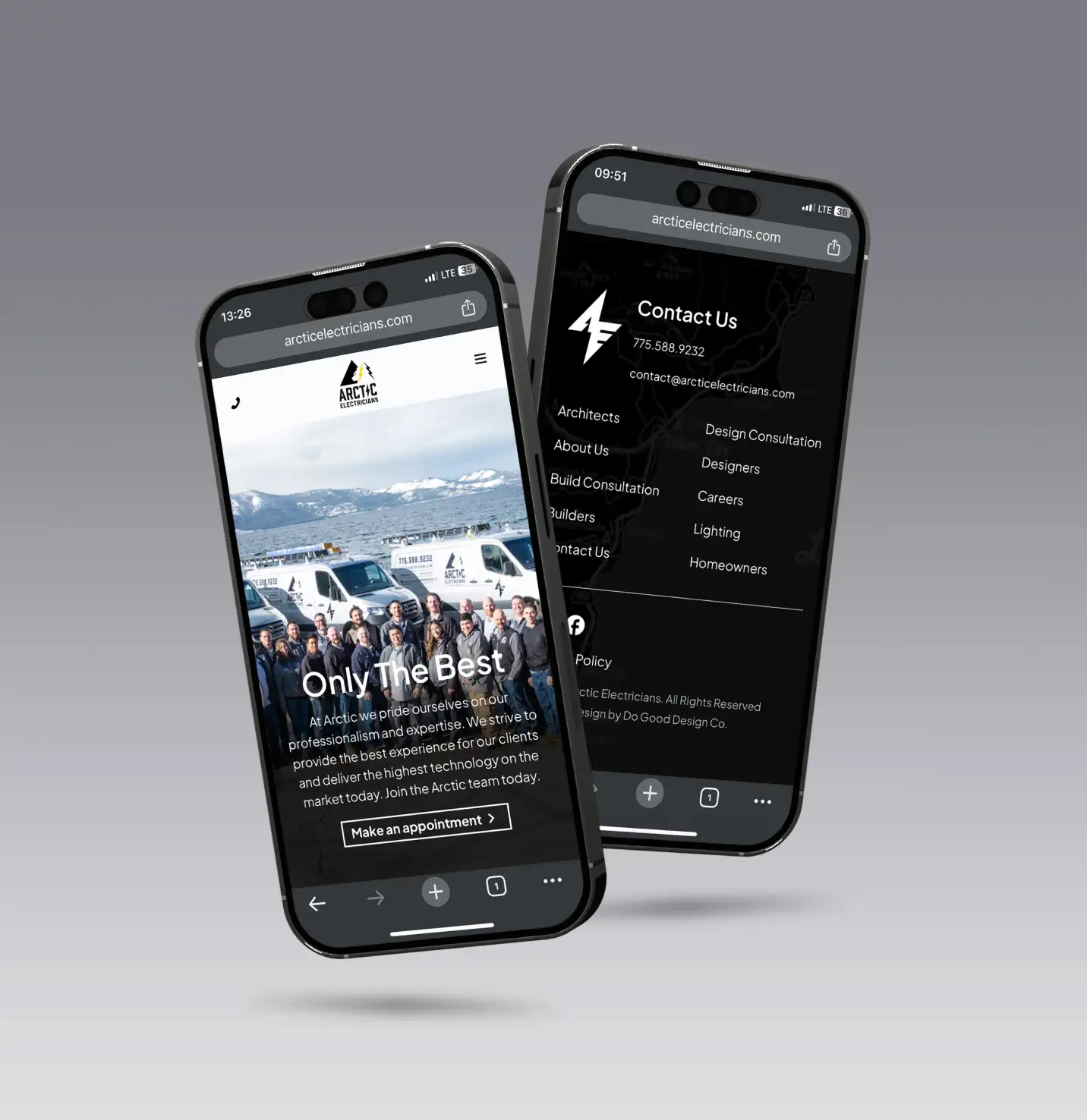 Arctic Electricians dark premium brand palette on mobile