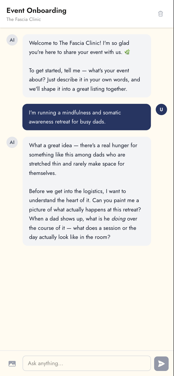 A host onboarding their event through one conversation with the agent